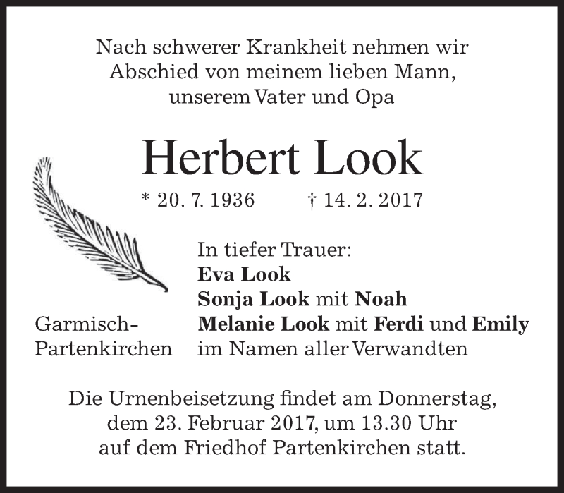  Traueranzeige für Herbert Look vom 20.02.2017 aus merkurtz