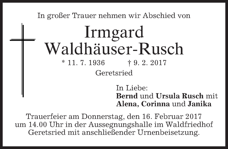  Traueranzeige für Irmgard Waldhäuser-Rusch vom 14.02.2017 aus merkurtz