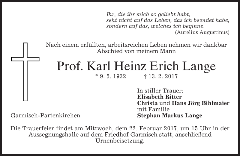  Traueranzeige für Karl Heinz Erich Lange vom 18.02.2017 aus merkurtz