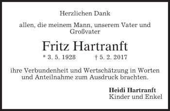 Traueranzeige von Fritz Hartranft von merkurtz