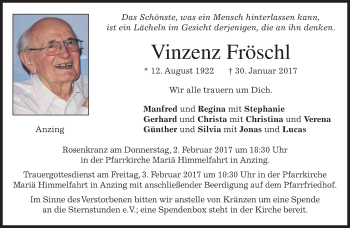 Traueranzeige von Vinzenz Fröschl von merkurtz
