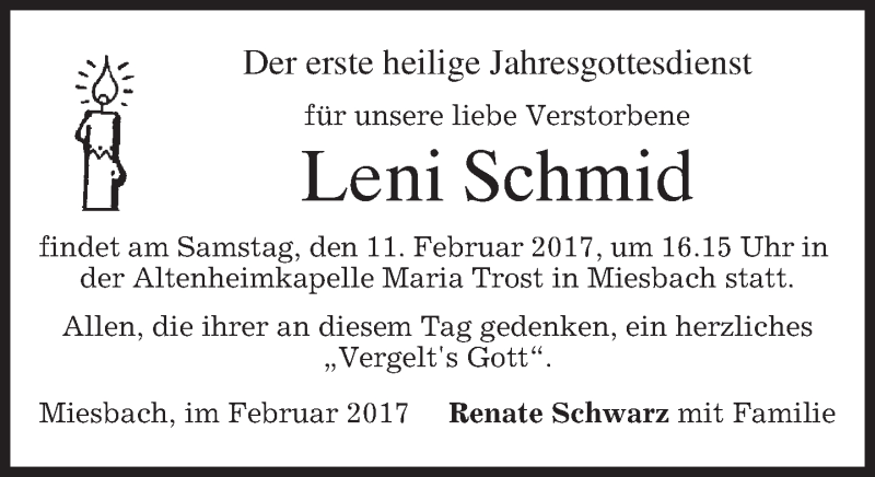  Traueranzeige für Leni Schmid vom 09.02.2017 aus merkurtz