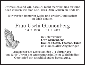 Traueranzeige von Uschi Grunenberg von merkurtz