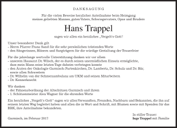 Traueranzeige von Hans Trappel von merkurtz