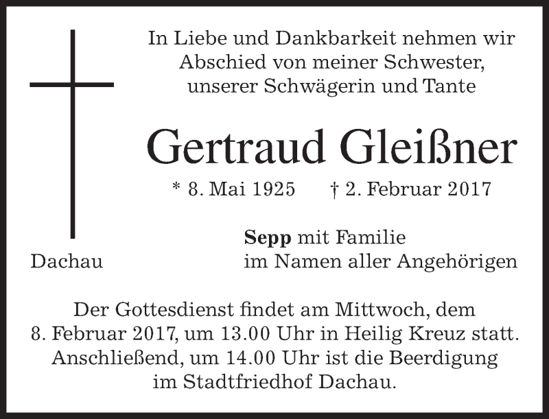  Traueranzeige für Gertraud Gleißner vom 04.02.2017 aus merkurtz