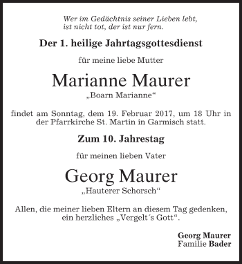 Traueranzeige von Georg Maurer von merkurtz