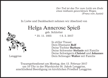 Traueranzeige von Helga Annerose Spieß von merkurtz