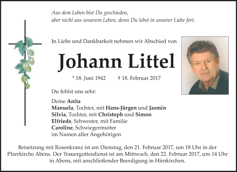  Traueranzeige für Johann Littel vom 21.02.2017 aus merkurtz