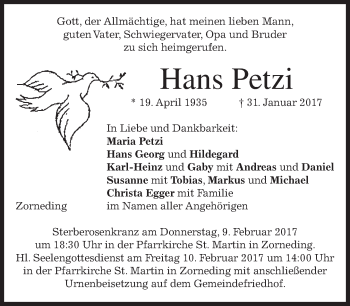 Traueranzeige von Hans Petzi von merkurtz