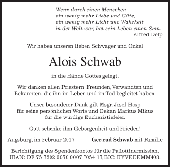 Traueranzeige von Alois Schwab von merkurtz