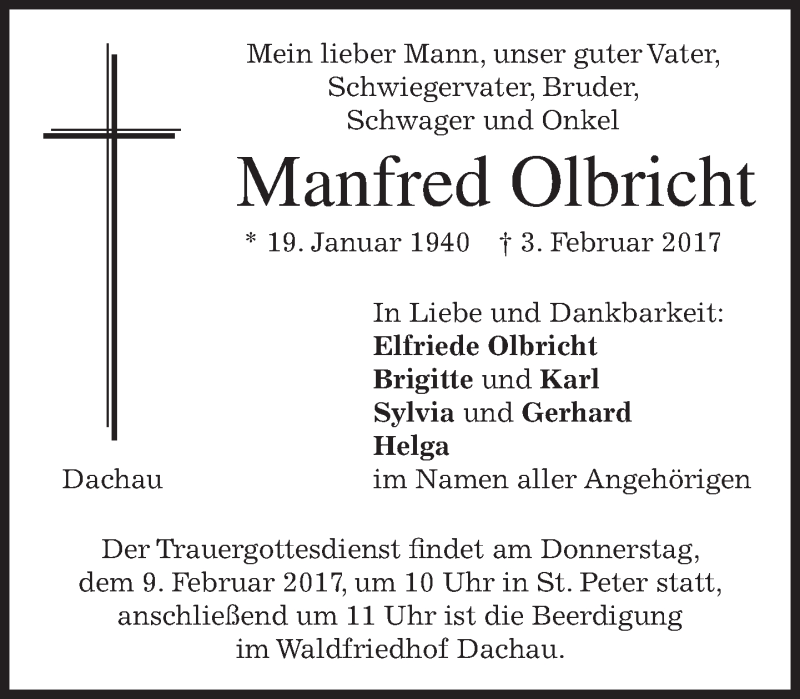  Traueranzeige für Manfred Olbricht vom 06.02.2017 aus merkurtz