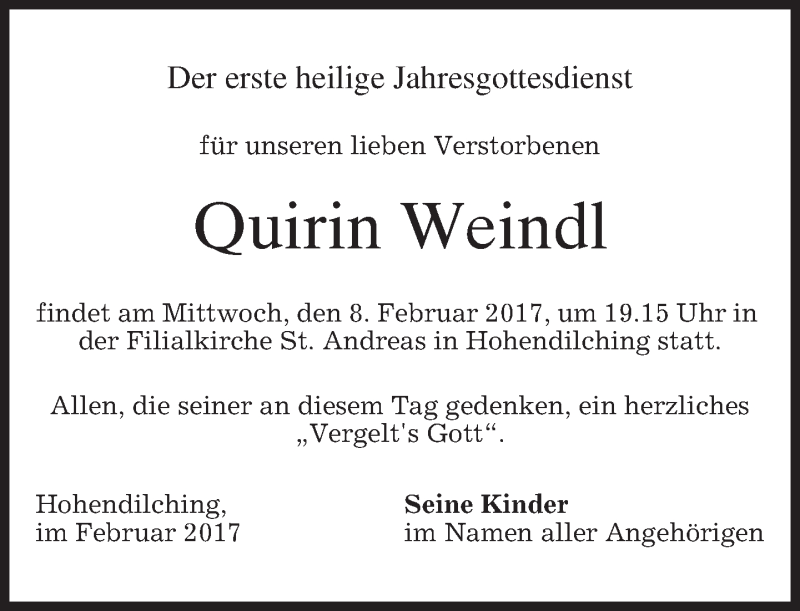  Traueranzeige für Quirin Weindl vom 04.02.2017 aus merkurtz
