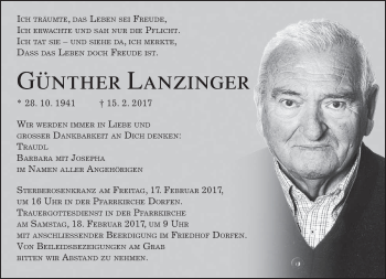 Traueranzeige von Günther Lanzinger von merkurtz