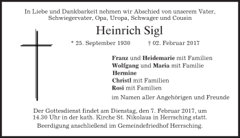 Traueranzeige von Heinrich Sigl von merkurtz