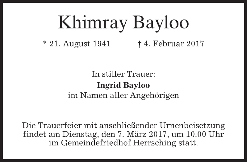  Traueranzeige für Khimray Bayloo vom 25.02.2017 aus merkurtz