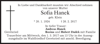 Traueranzeige von Sofia Hanek von merkurtz