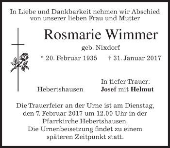 Traueranzeige von Rosmarie Wimmer von merkurtz
