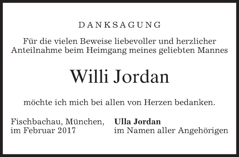  Traueranzeige für Willi Jordan vom 11.02.2017 aus merkurtz