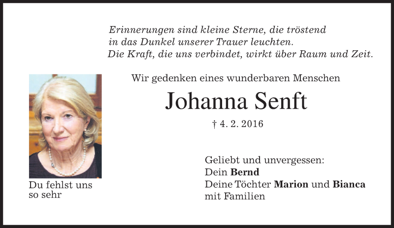  Traueranzeige für Johanna Senft vom 04.02.2017 aus merkurtz