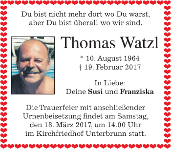 Traueranzeige von Thomas Watzl von merkurtz