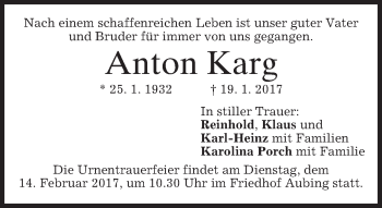 Traueranzeige von Anton Karg von merkurtz