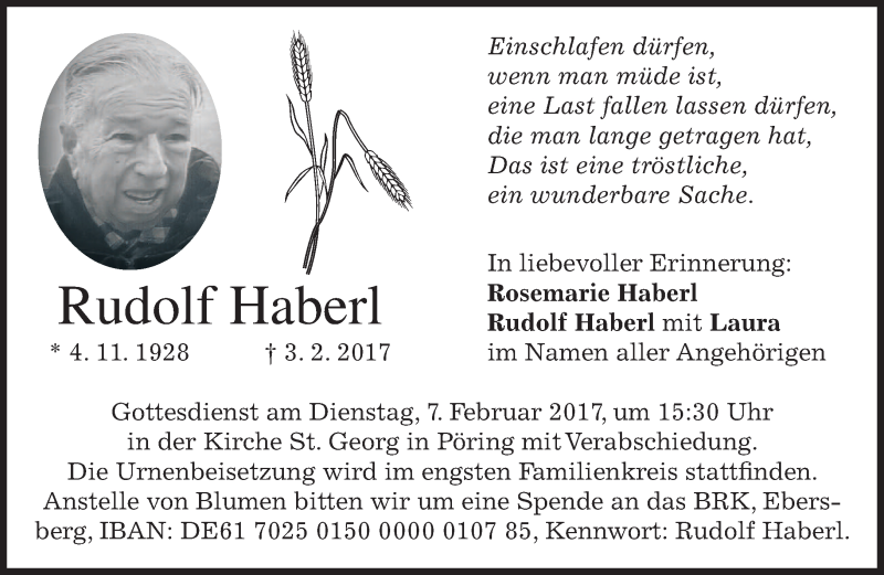  Traueranzeige für Rudolf Haberl vom 06.02.2017 aus merkurtz
