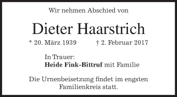 Traueranzeige von Dieter Haarstrich von merkurtz
