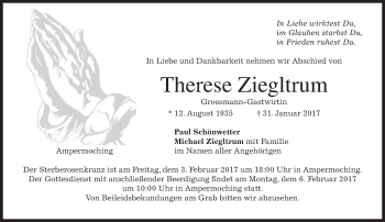 Traueranzeige von Therese Ziegltrum von merkurtz