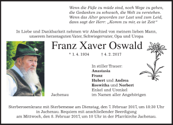 Traueranzeige von Franz Xaver Oswald von merkurtz