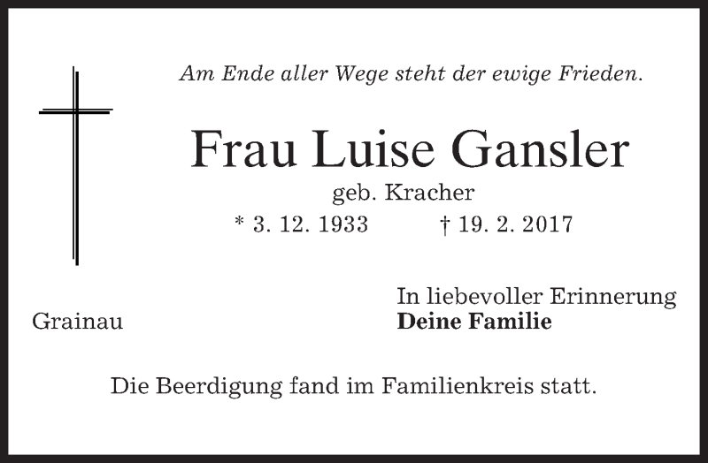  Traueranzeige für Luise Gansler vom 24.02.2017 aus merkurtz