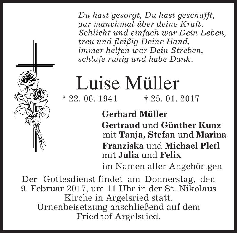  Traueranzeige für Luise Müller vom 04.02.2017 aus merkurtz