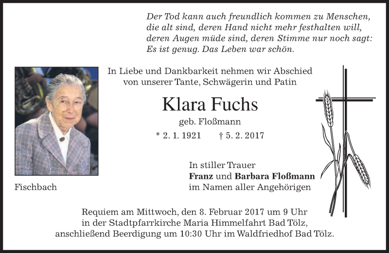  Traueranzeige für Klara Fuchs vom 07.02.2017 aus merkurtz