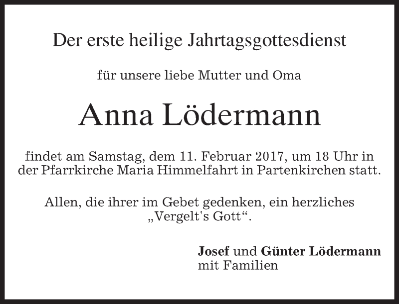  Traueranzeige für Anna Lödermann vom 04.02.2017 aus merkurtz