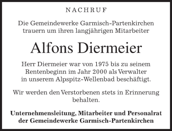 Traueranzeige von Alfons Diermeier von merkurtz