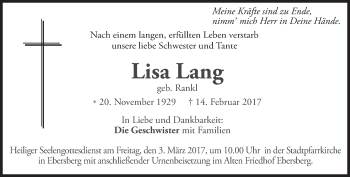 Traueranzeige von Lisa Lang von merkurtz