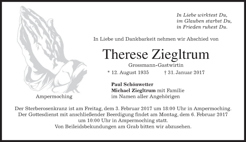  Traueranzeige für Therese Ziegltrum vom 02.02.2017 aus merkurtz