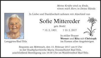Traueranzeige von Sofie Mittereder von merkurtz