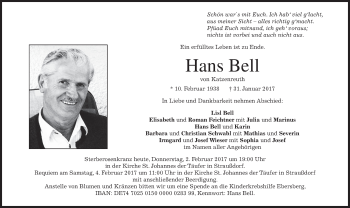 Traueranzeige von Hans Bell von merkurtz