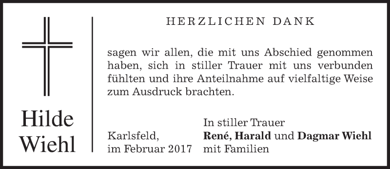  Traueranzeige für Hilde Wiehl vom 25.02.2017 aus merkurtz