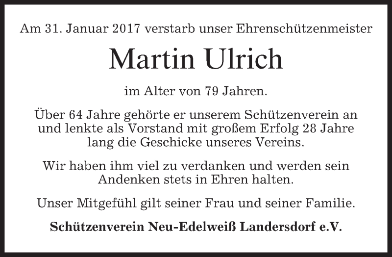  Traueranzeige für Martin Ulrich vom 03.02.2017 aus merkurtz