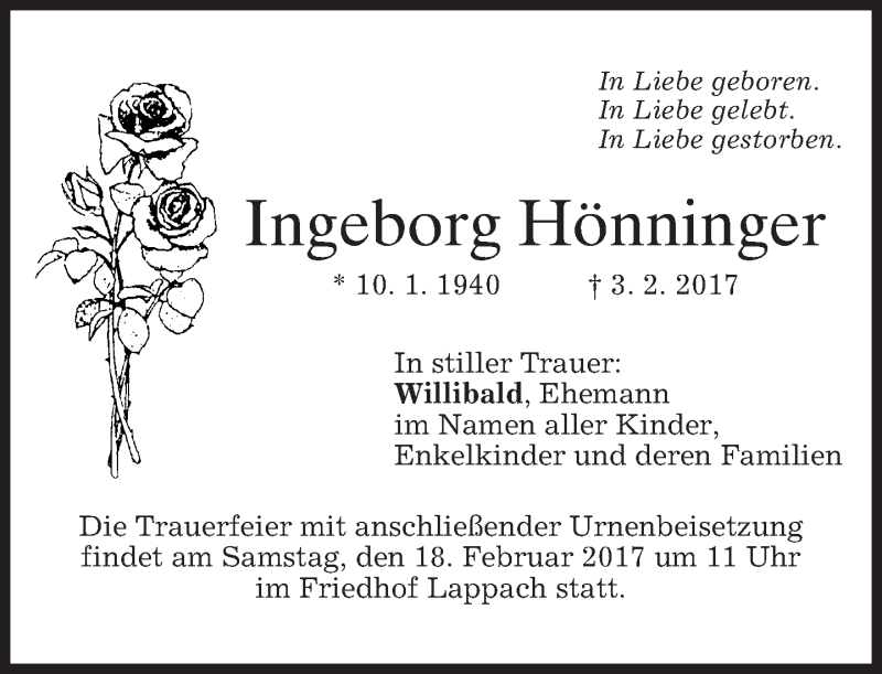 Traueranzeige für Ingeborg Hönninger vom 16.02.2017 aus merkurtz