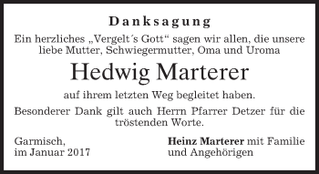 Traueranzeige von Hedwig Marterer von merkurtz