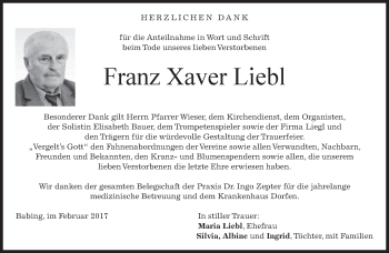 Traueranzeige von Franz Xaver Liebl von merkurtz