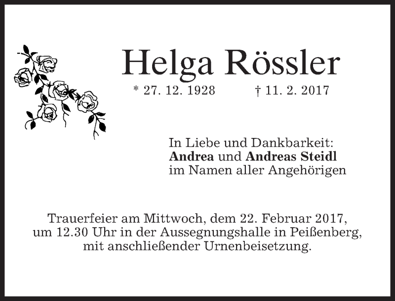  Traueranzeige für Helga Rössler vom 18.02.2017 aus merkurtz