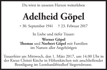 Traueranzeige von Adelheid Göpel von merkurtz