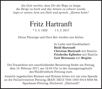 Traueranzeige von Fritz Hartranft von merkurtz
