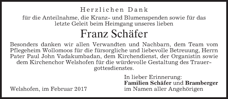 Traueranzeige für Franz Schäfer vom 25.02.2017 aus merkurtz