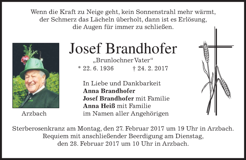  Traueranzeige für Josef Brandhofer vom 25.02.2017 aus merkurtz