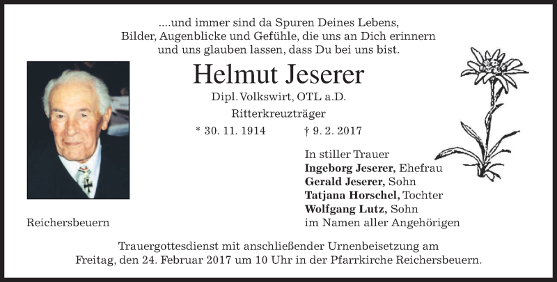  Traueranzeige für Helmut Jeserer vom 21.02.2017 aus merkurtz