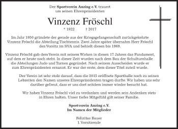 Traueranzeige von Vinzenz Fröschl von merkurtz